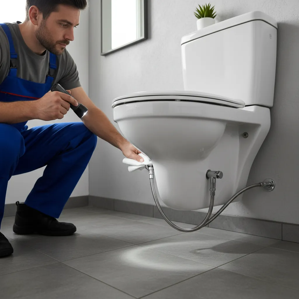 Inspector checking toilet tank connections for leaks after installation