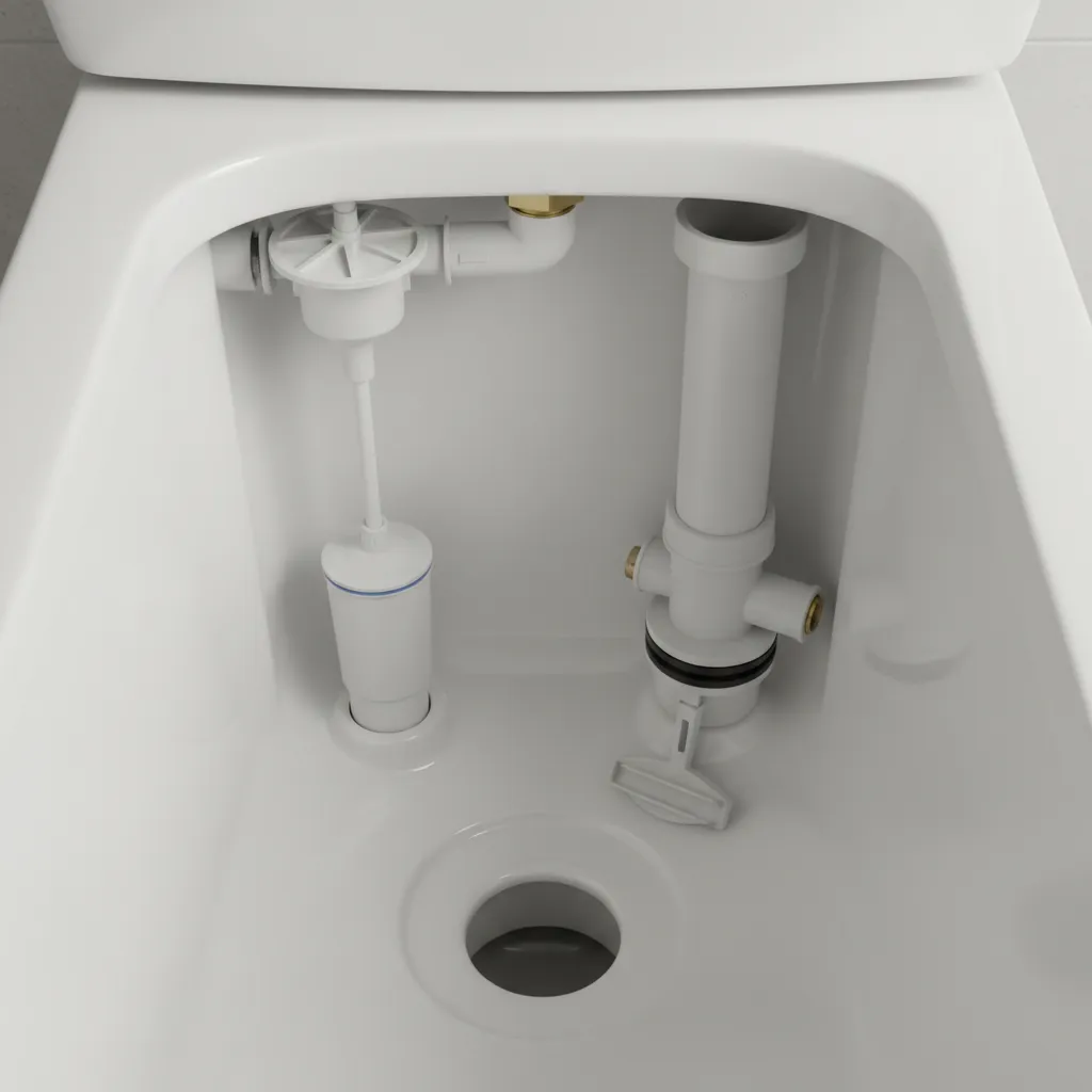 Toilet tank interior showing fill valve float and flush valve components
