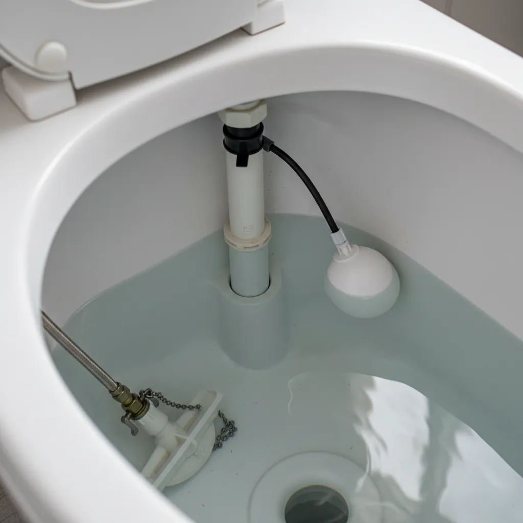 Interior view of toilet tank showing fill valve and water movement during refill