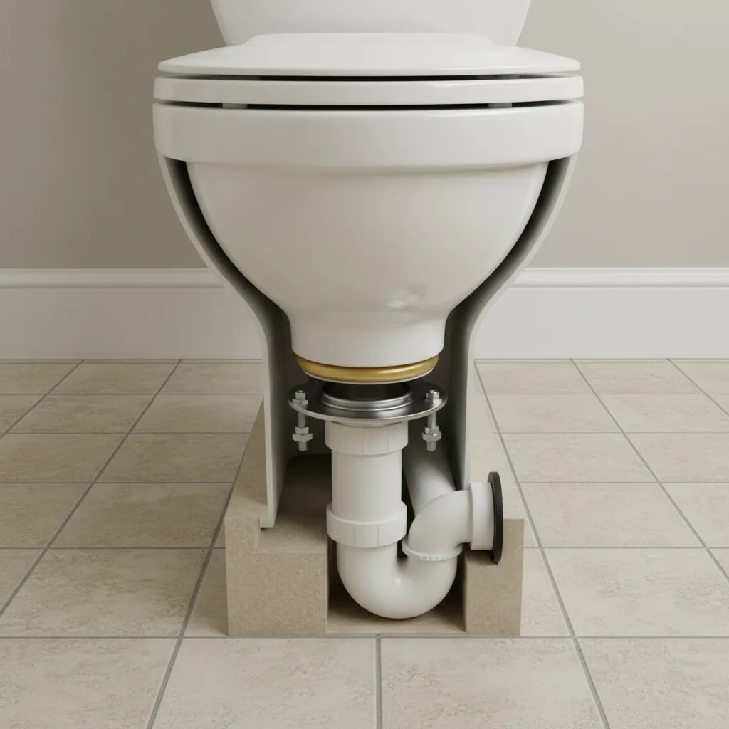 bathroom floor showing wax ring and flange alignment under toilet