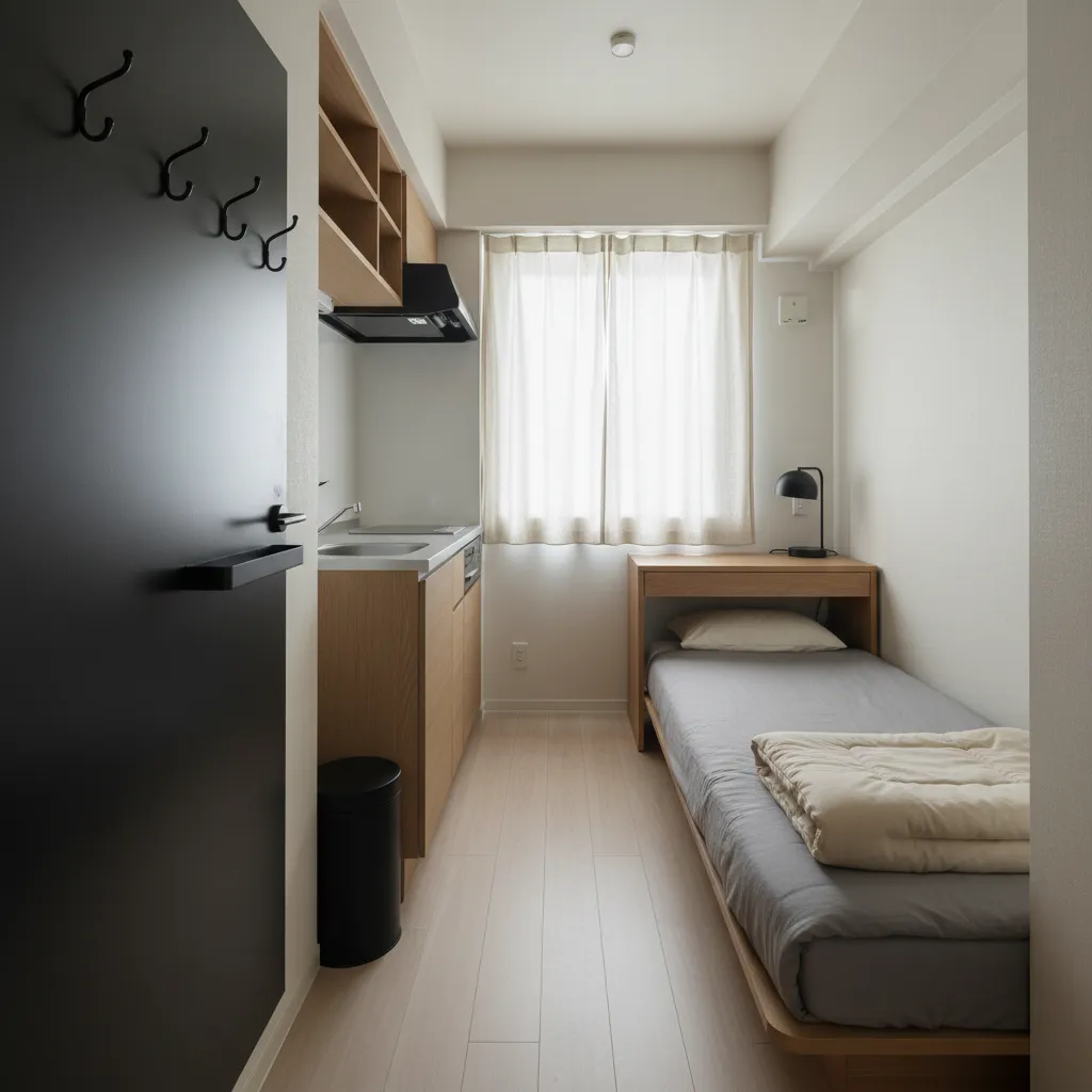 1Kの動線計画は“入口→洗面→キッチン→デスク→ベッド”の一直線