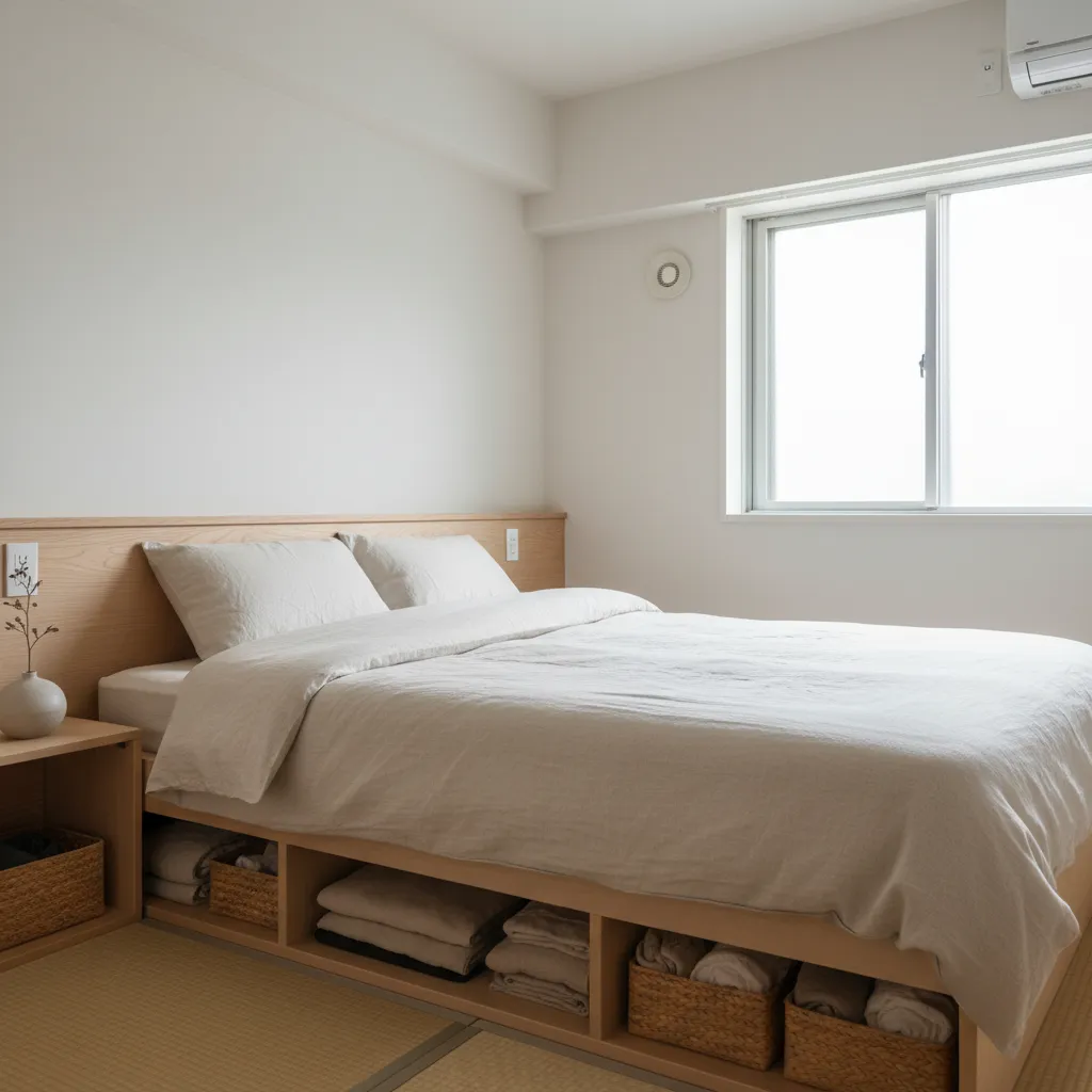 Tips 2: ベッドは“短辺を壁”に寄せて通路を確保（東京小戸型の寝室区画）
