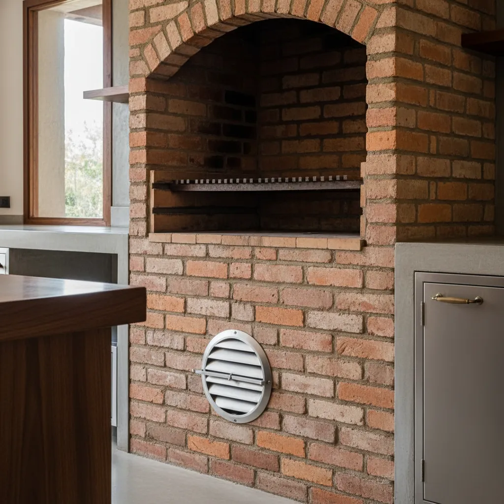 Indoor brick barbecue grill featuring round silver wall vent and smooth grey stone counter top