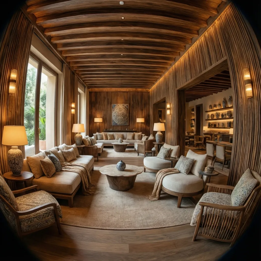 Large living room featuring wooden ceiling beams wall panels several sofas armchairs and light fixtures