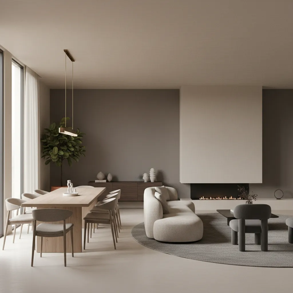 Open plan interior using layered neutral paint tones for zoning