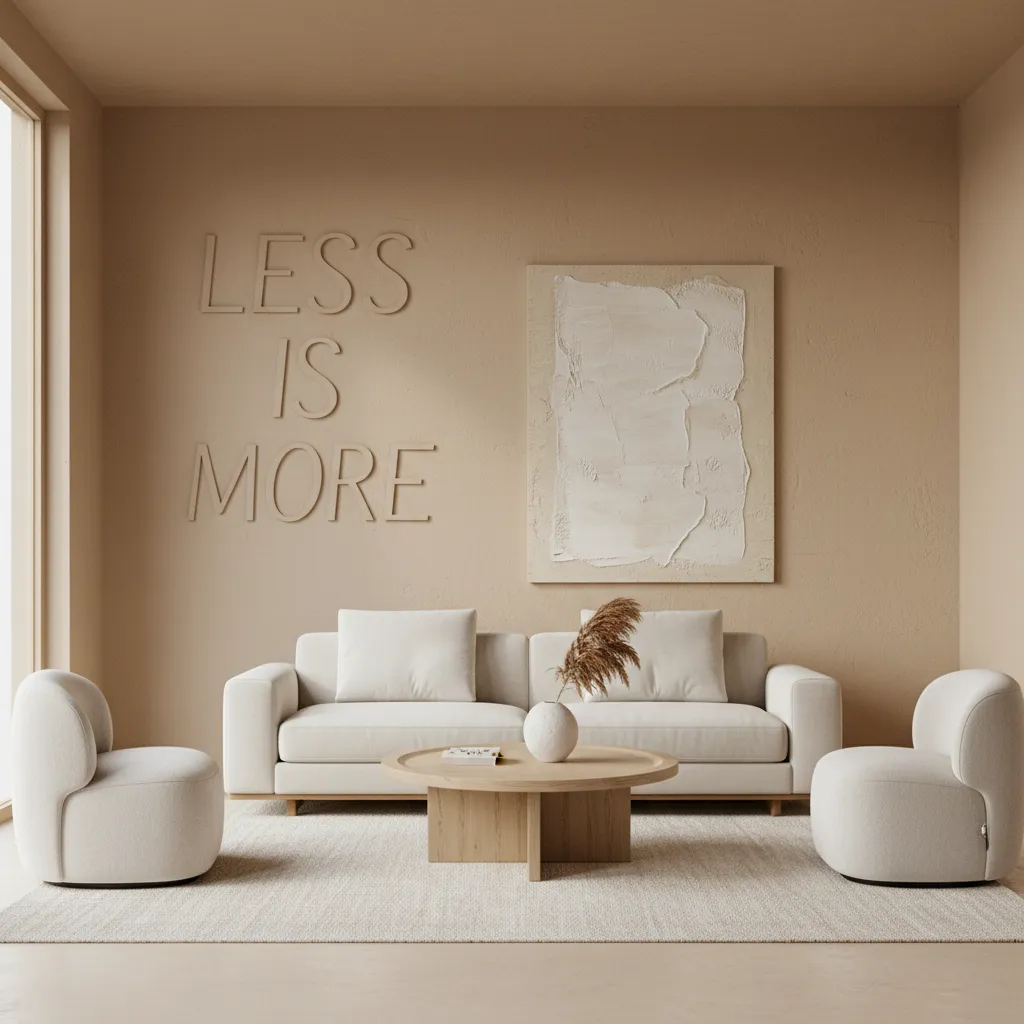Subtle tone on tone wall lettering in minimalist living room