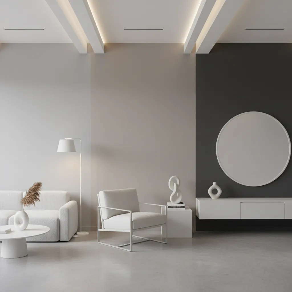 Modern living room with white sofa white armchair and a grey and black accent wall