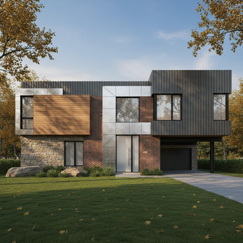 house exterior showing too many facade materials including stone wood brick and panels