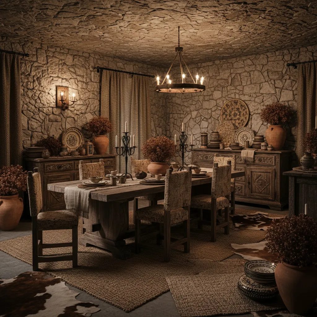 Interior showing excessive faux stone distressed wood and heavy textures causing cluttered tuscan design