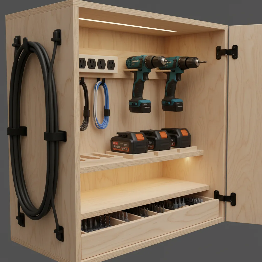 organized cable management system inside power tool storage cabinet