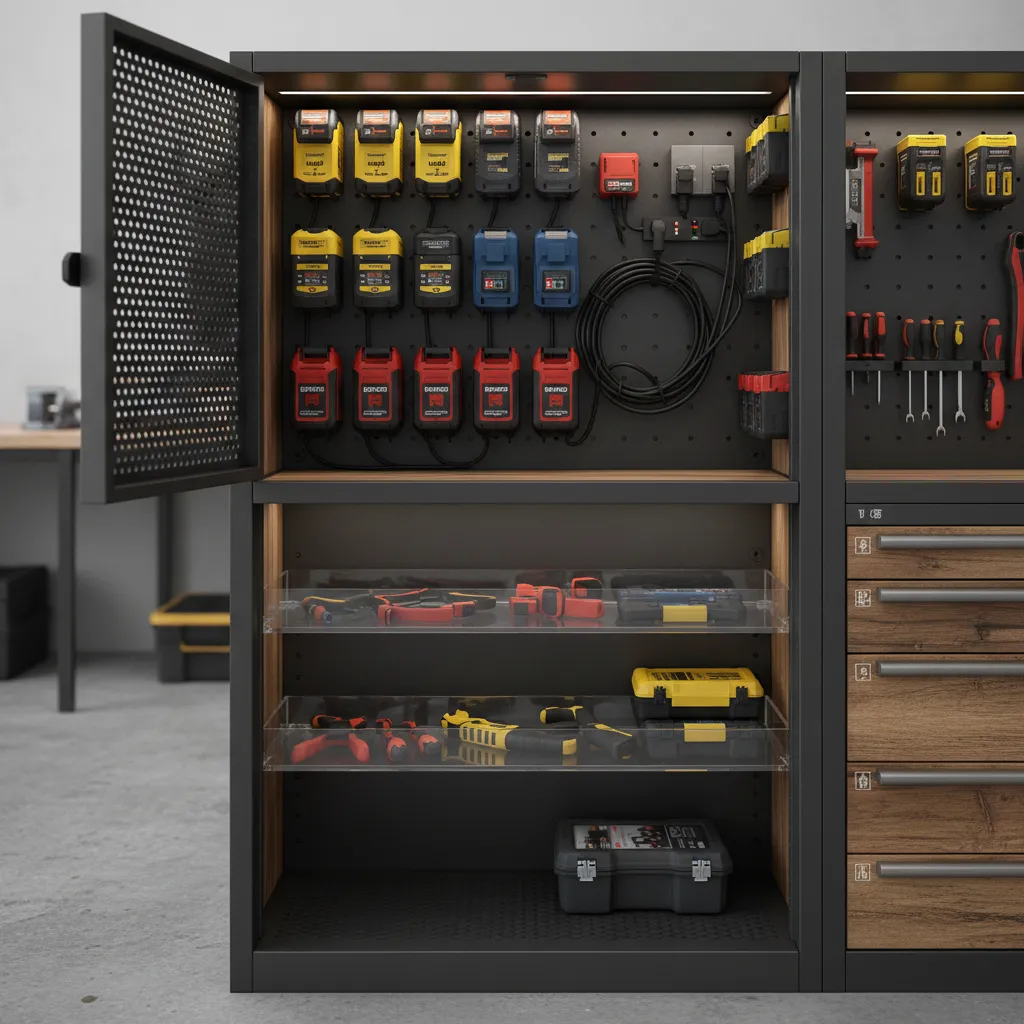 integrated battery charging station inside workshop cabinet
