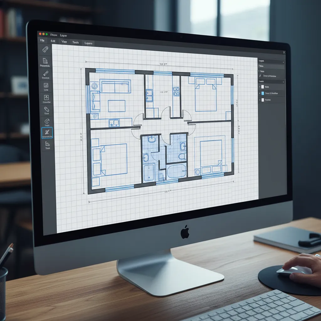 Detailed 2D house floor plan layout with blue lines displayed on a large computer monitor