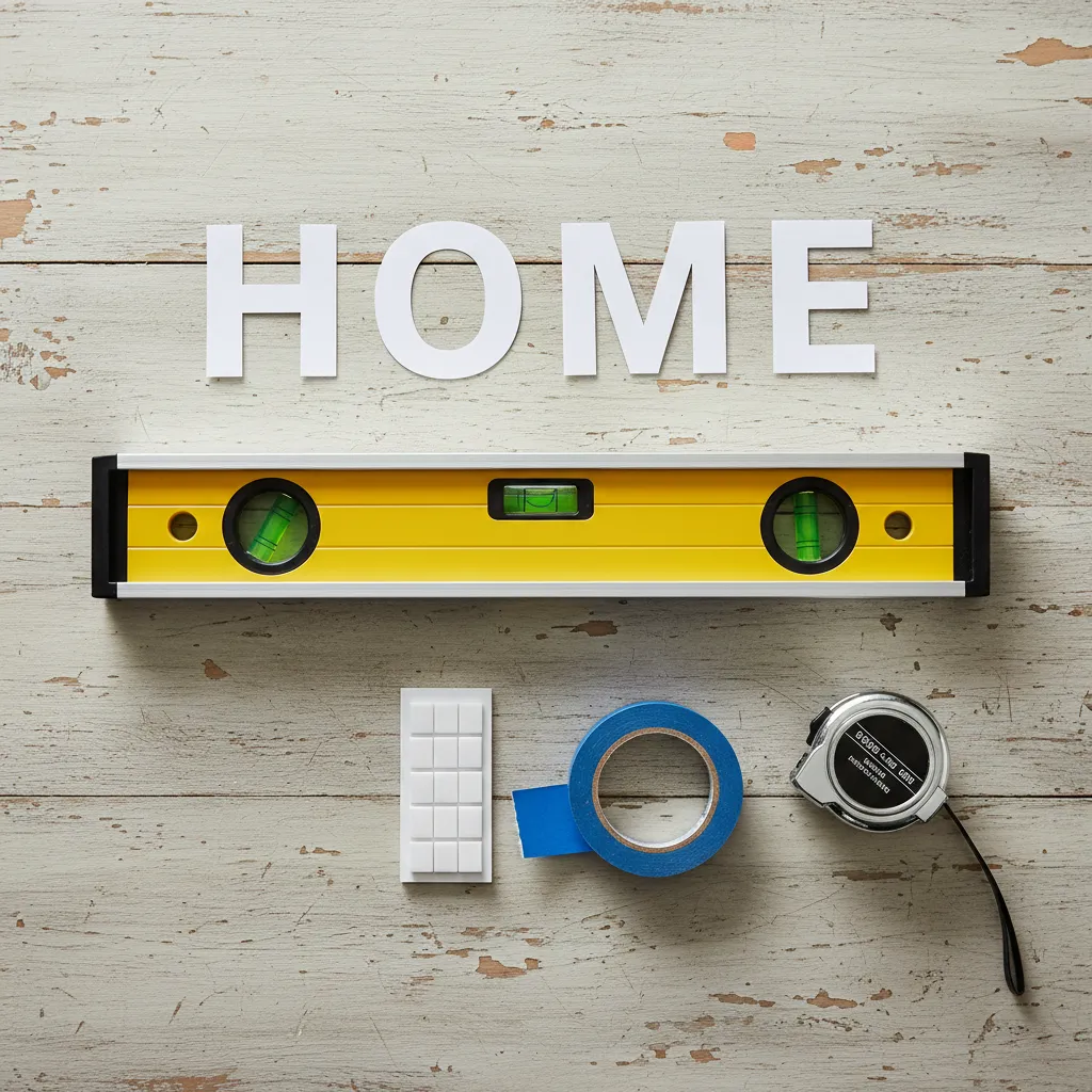 tools used for installing decorative wall letters including level tape and templates