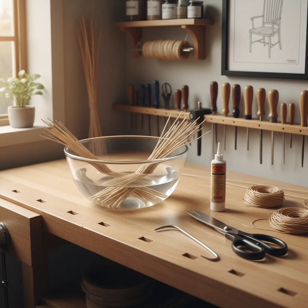 Tools and materials used for repairing wicker furniture