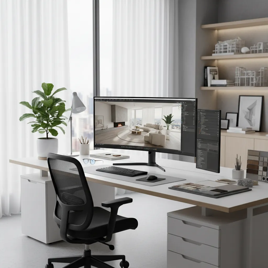 Modern home office desk featuring a wide monitor displaying a bright living room interior design
