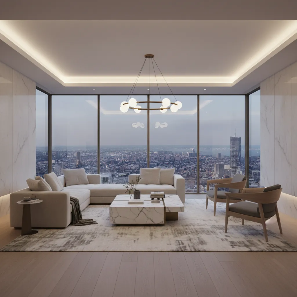 Luxury living room interior in high rise city apartment representing major design hubs