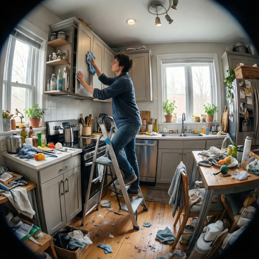 cleaning upper kitchen cabinets first in top-down cleaning workflow