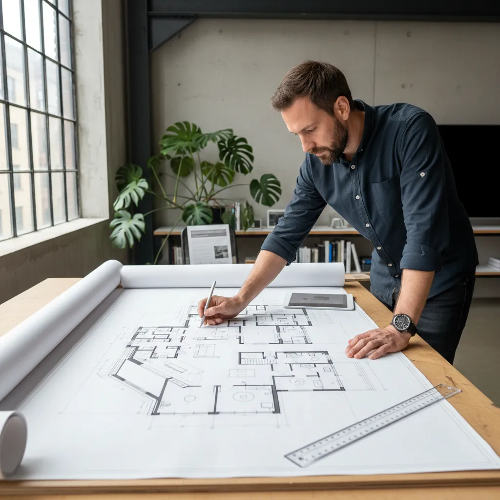Designer reviewing a top down floor plan layout for home planning