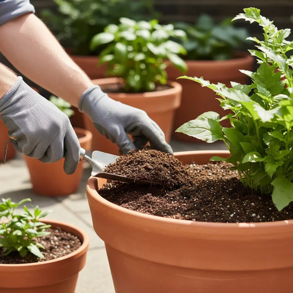 Top dressing compost added to outdoor container plant soil