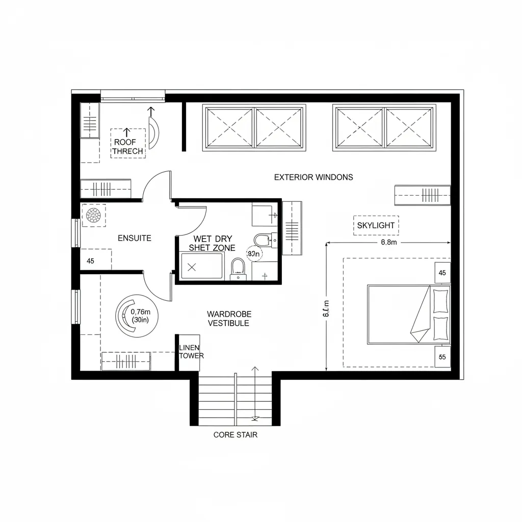 Detailed 2D floor plan layout with a bedroom bathroom closet stairs and many large windows