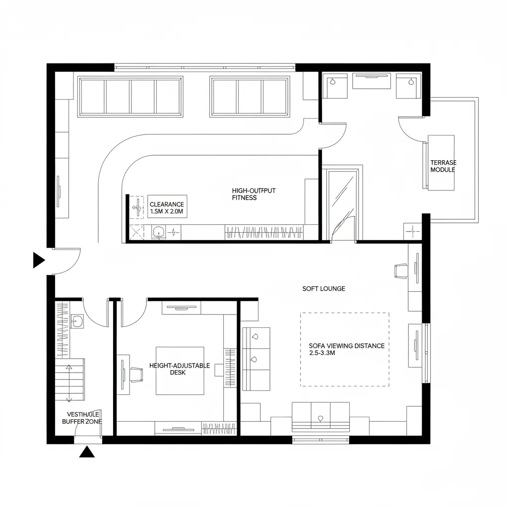 Detailed room layout including a fitness area soft lounge height adjustable desk and outdoor terrace space
