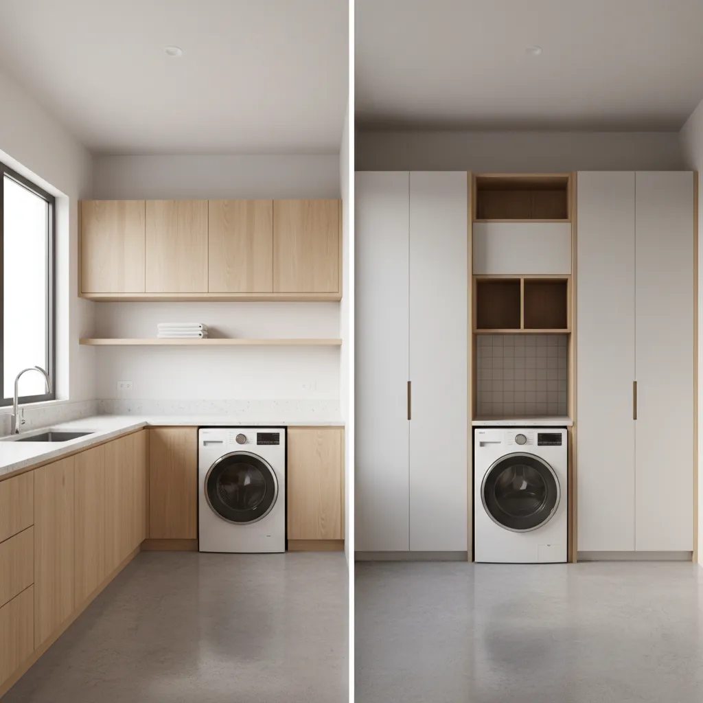 Top Loading Washer Cabinet Layouts Side Cabinets or Overhead Storage
