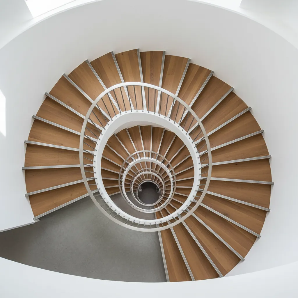 Top view of a white spiral staircase with light wood steps and circular white walls
