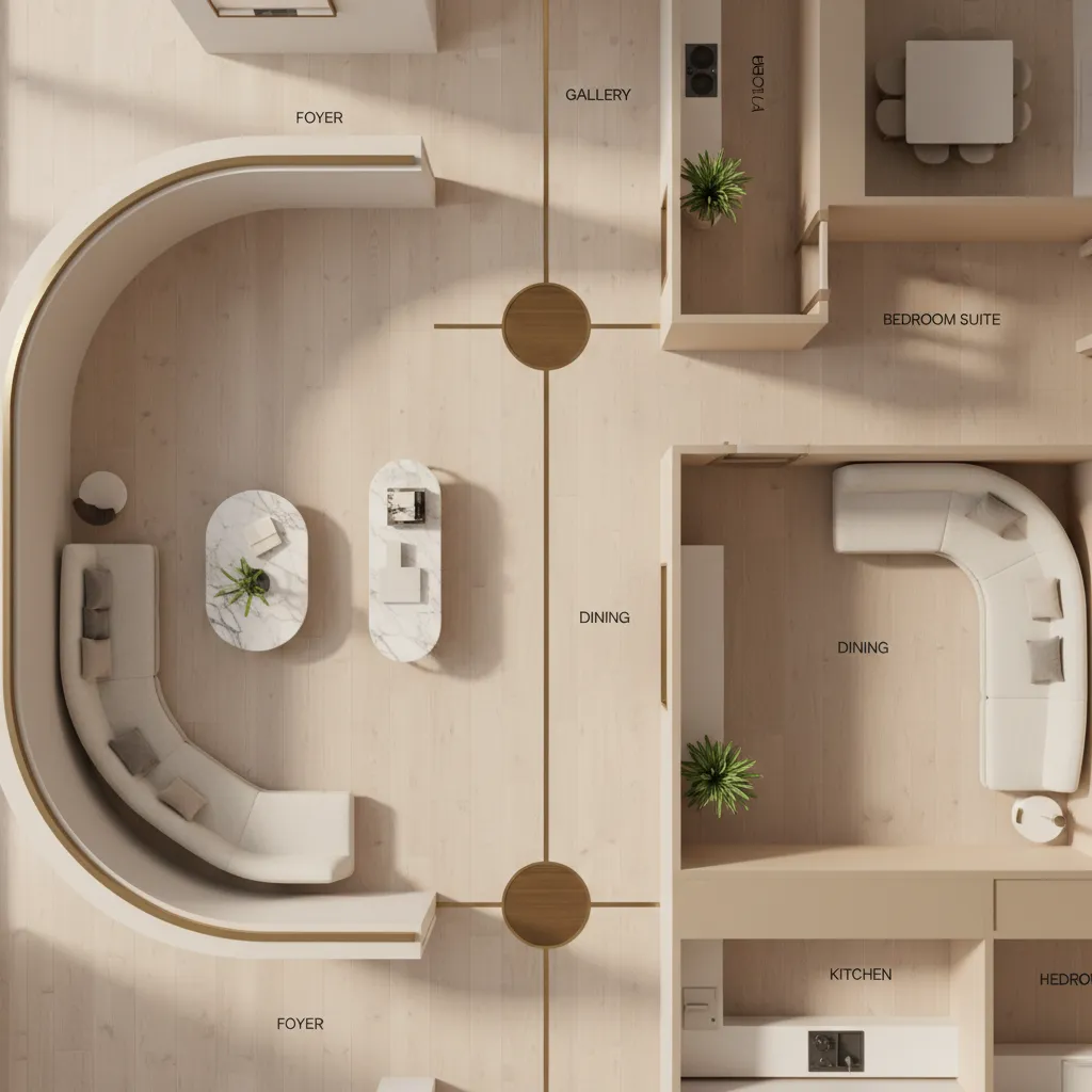 Top-down view of an apartment plan with a partial ellipse foyer and a clear axis.