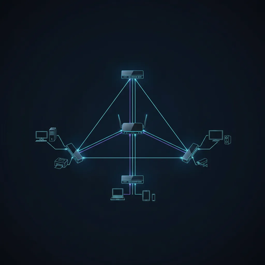 Diagrama de topología de red en estrella con router central y switches