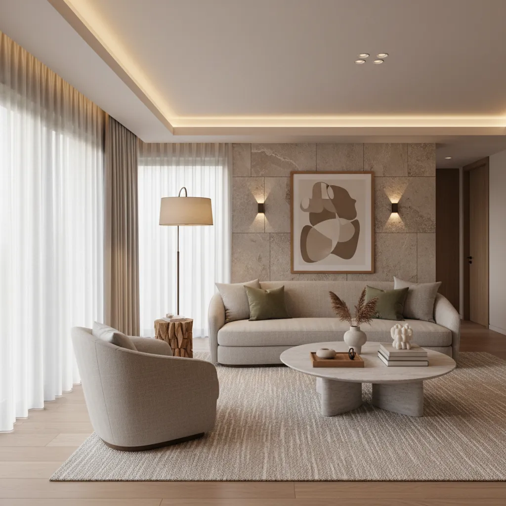 Modern living room with beige sofa armchair marble coffee table wall panel and large art