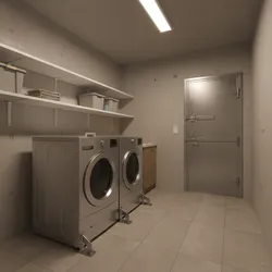 Concrete laundry room with two washing machines white shelves and a heavy metal safety door