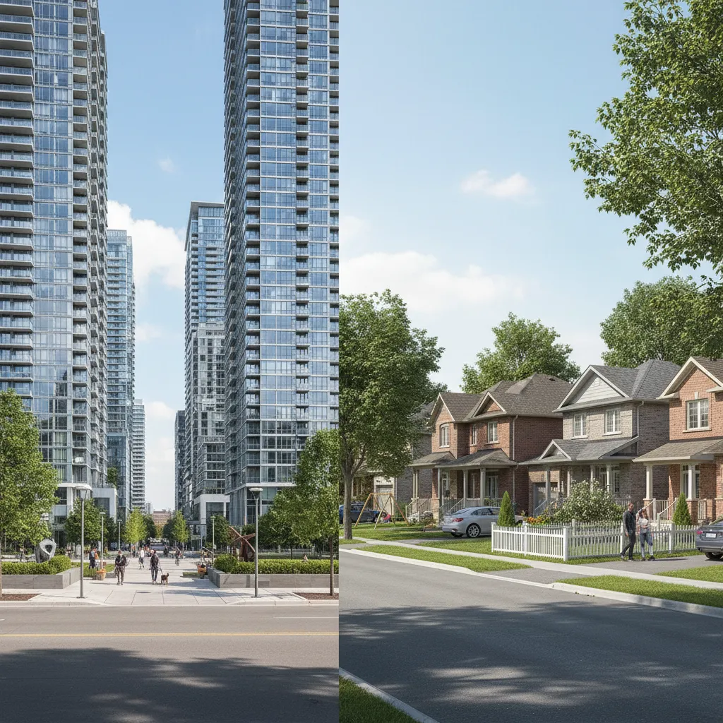 Toronto high-rise condo buildings compared with suburban Kitchener houses