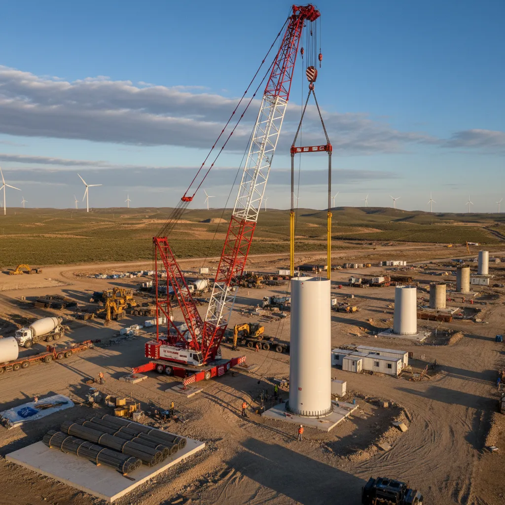 Torre metálica de aerogenerador en proceso de instalación