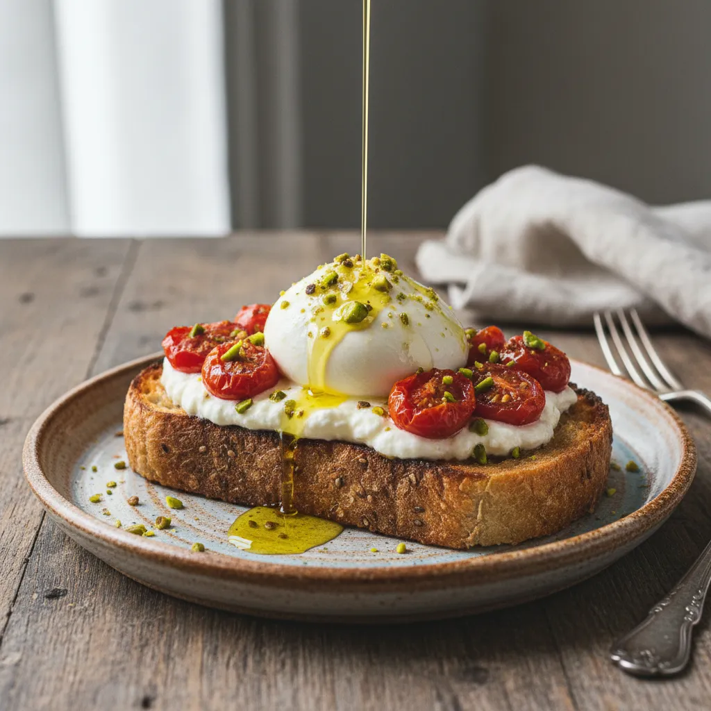 Tosta gourmet con burrata, tomate confitado y pistacho triturado
