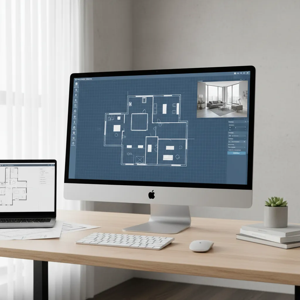 home design software interface showing floor plan and 3D room preview