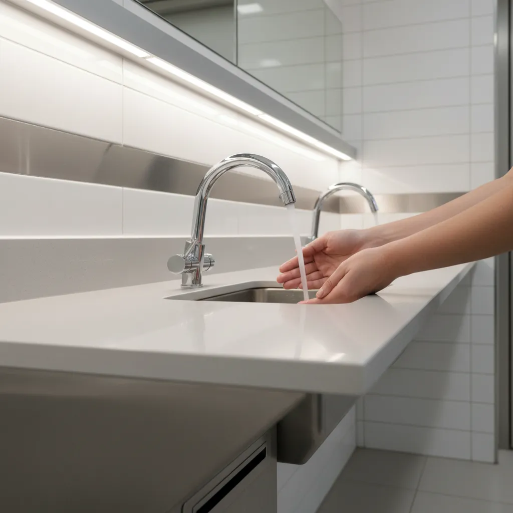 touchless sensor faucets installed in modern cafeteria wash station