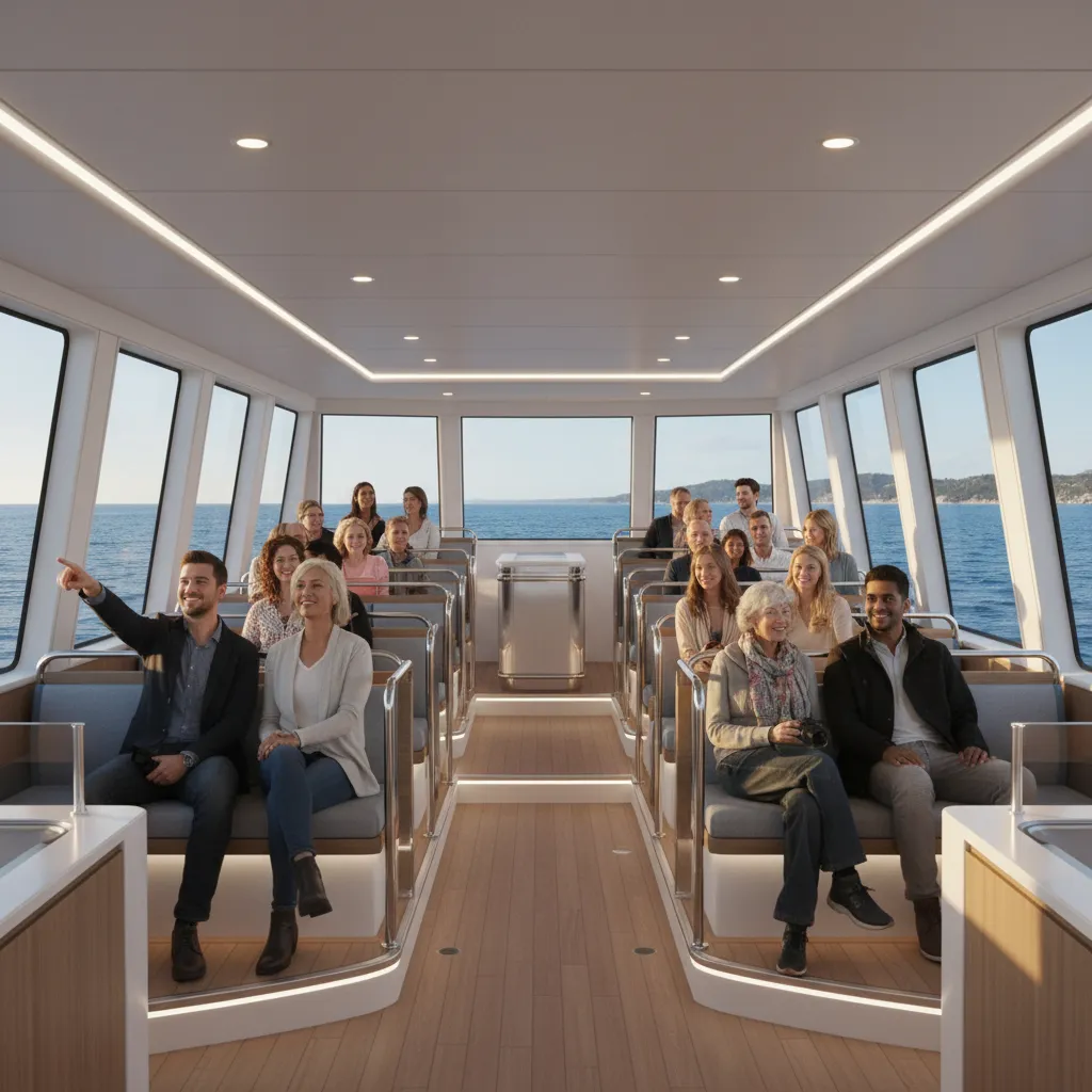 tiered viewing seating layout inside sightseeing tour boat