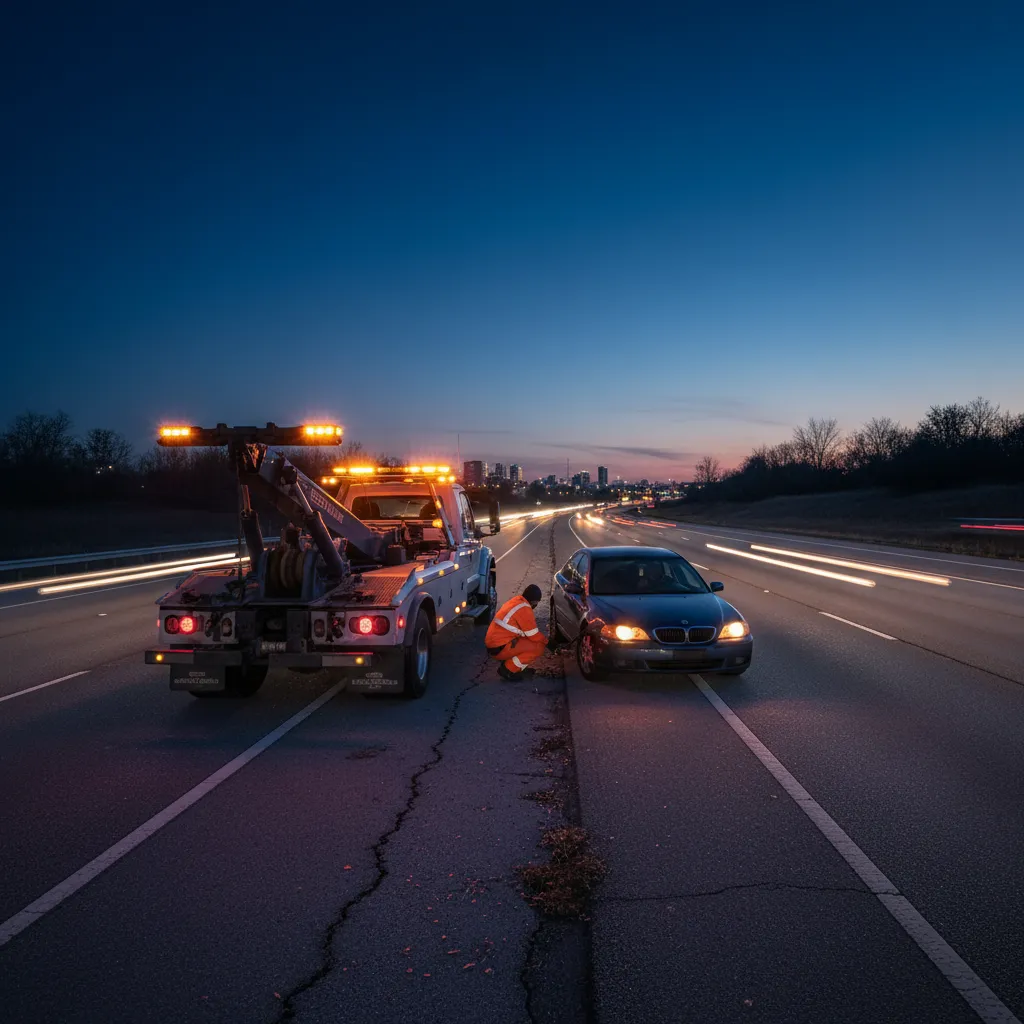 tow truck with amber light bar flashing during roadside assistance
