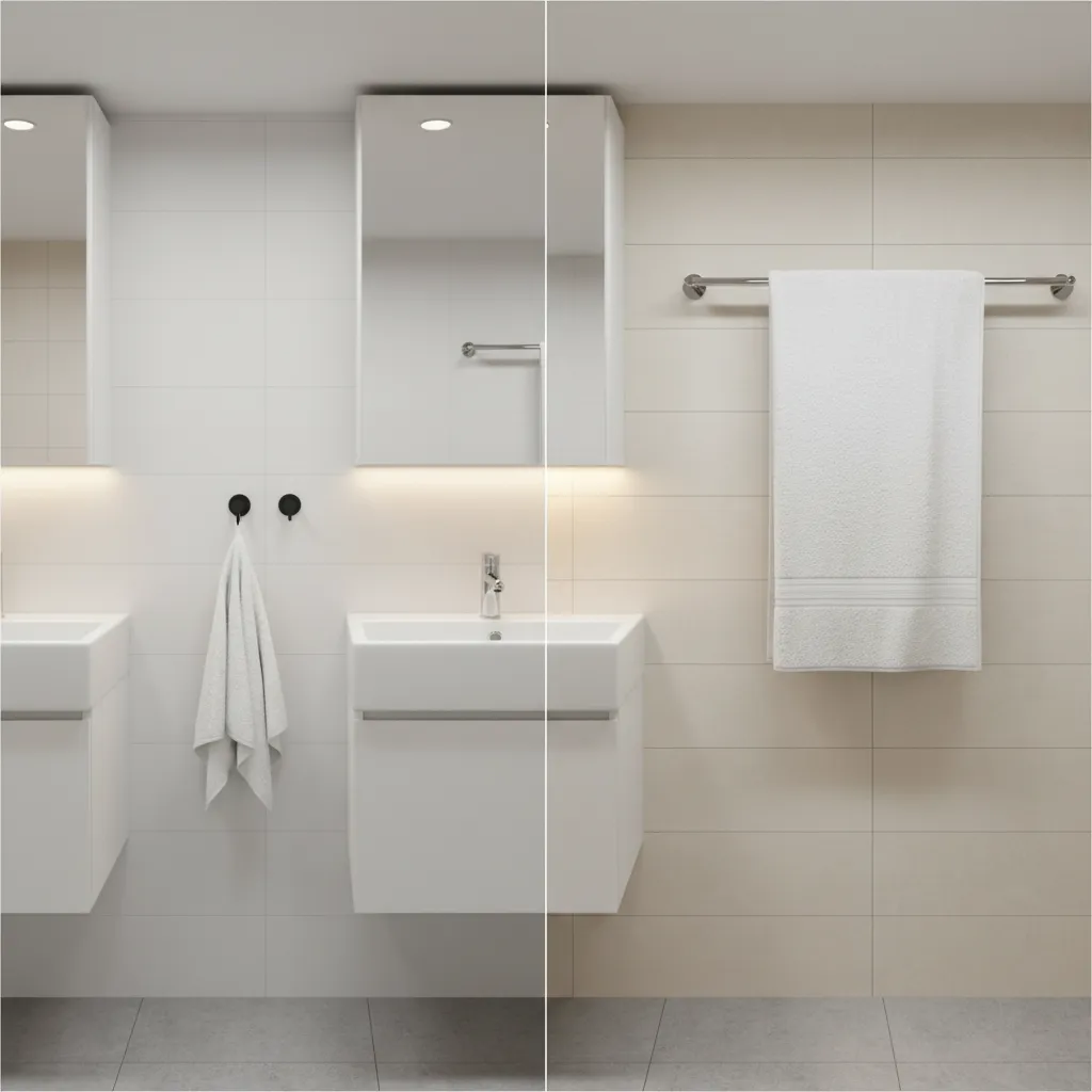 Comparison of towel hooks and towel bar placement in a compact bathroom wall