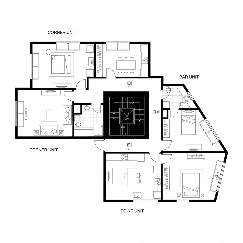 Top-down CAD plan illustrating corner, bar, and point residential unit modules around a tower core