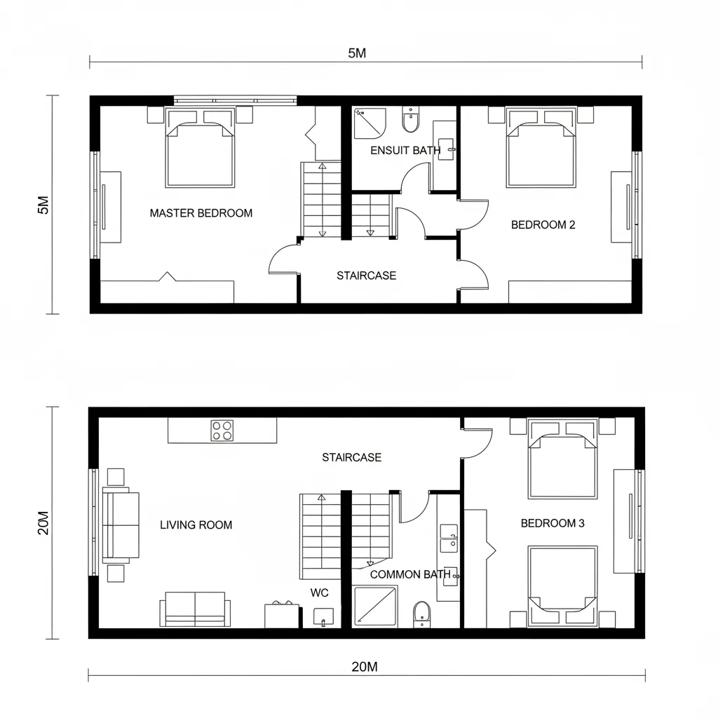 Sơ đồ bố trí mặt bằng nhà ống 2 tầng 5x20m