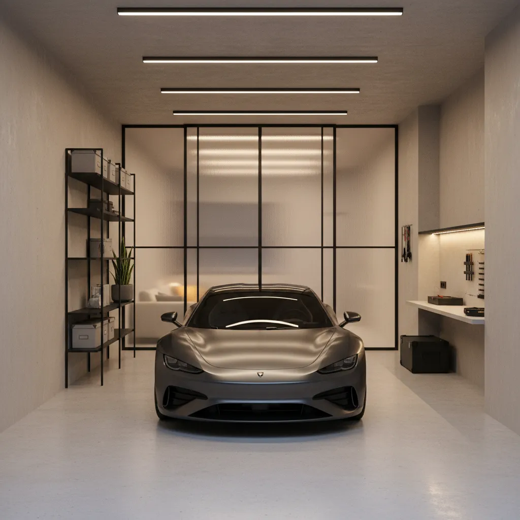 Modern garage interior design drawing with a car storage shelves and frosted glass wall partition