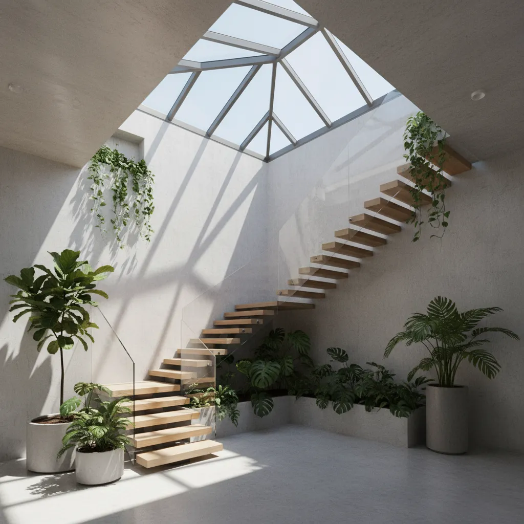 Giếng trời giữa nhà ống với cây xanh và ánh sáng tự nhiên