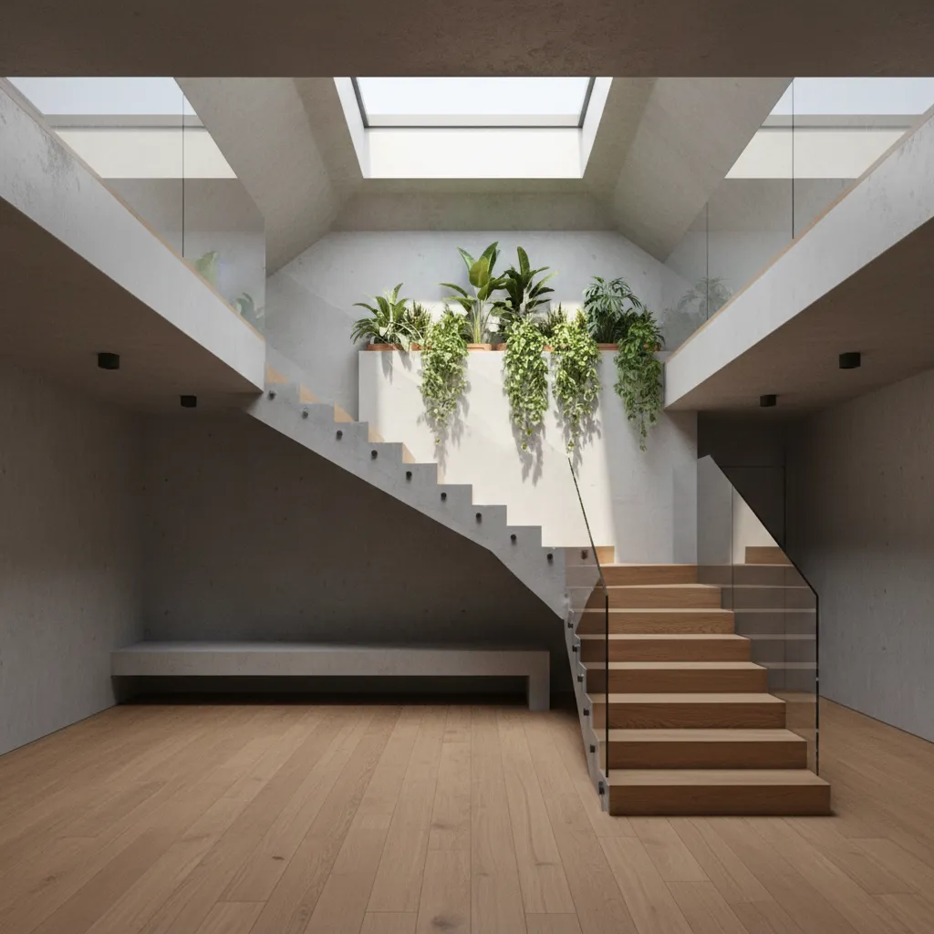 Minimalist interior featuring wooden stairs with glass railing under a bright roof window and plants