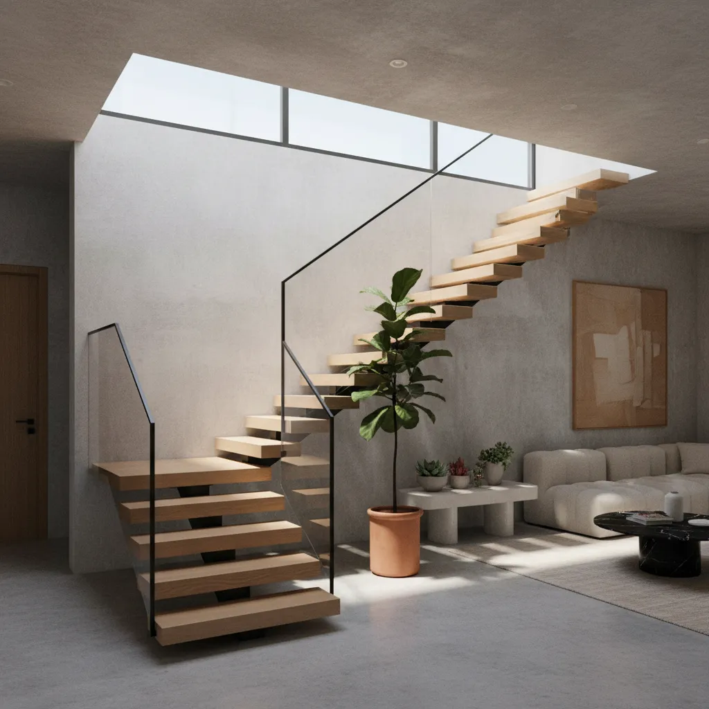Modern wooden staircase with glass railing near white sofa under a bright large roof window