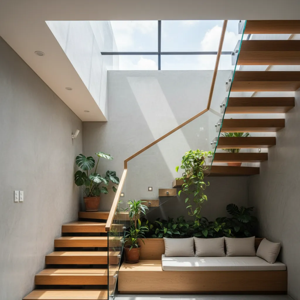 Staircase with skylight in narrow townhouse