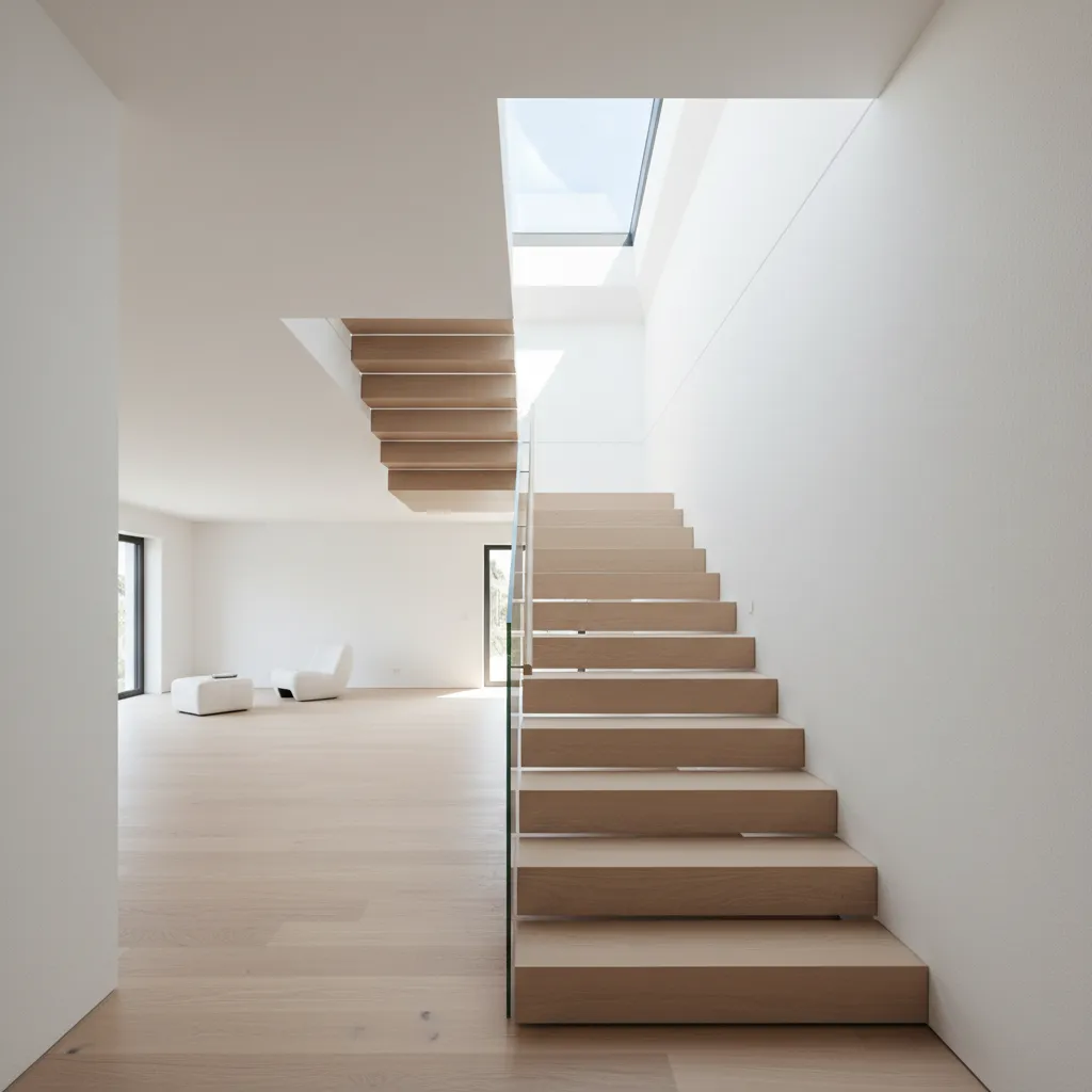 Modern wooden staircase with glass railing white walls wooden floor and bright square roof window