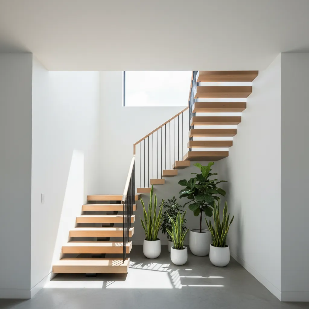 Modern wooden staircase in white room with green potted plants underneath and bright warm sunlight