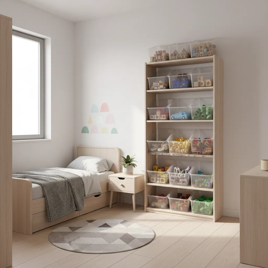 vertical toy bin shelving saving space in a small kids bedroom