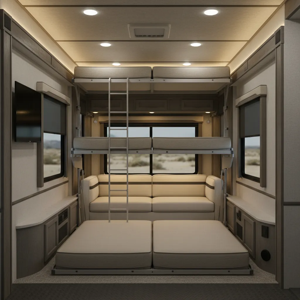 Toy hauler garage with Happi Jac bunk beds lowered